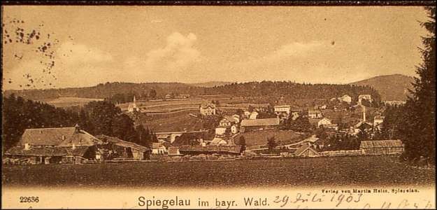 Historische Postkarte von Spiegelau um 1910 mit Blick &uuml;ber den Ort und die umliegende Kulturlandschaft.